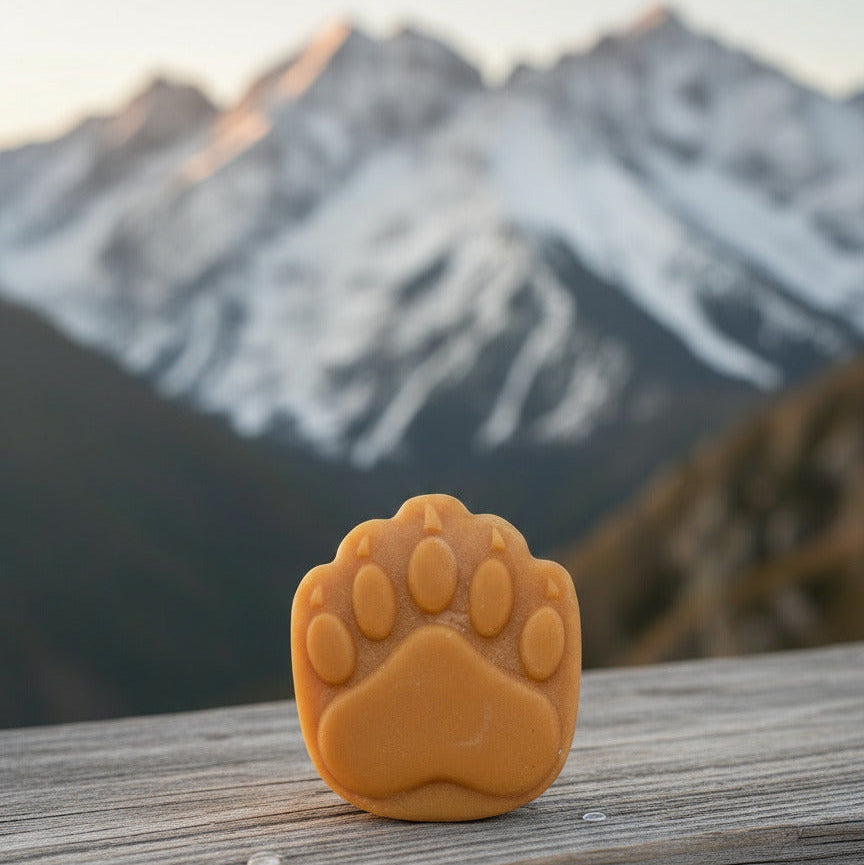 Brown paw-shaped conditioner bar on a white surface with a gray textured wall in the background