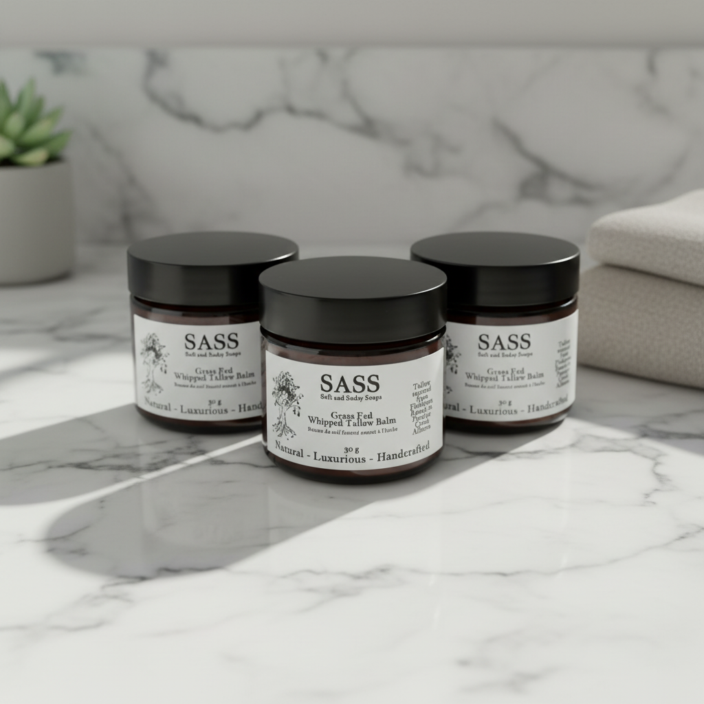 Three jars of SASS whipped tallow on grass with a scenic background