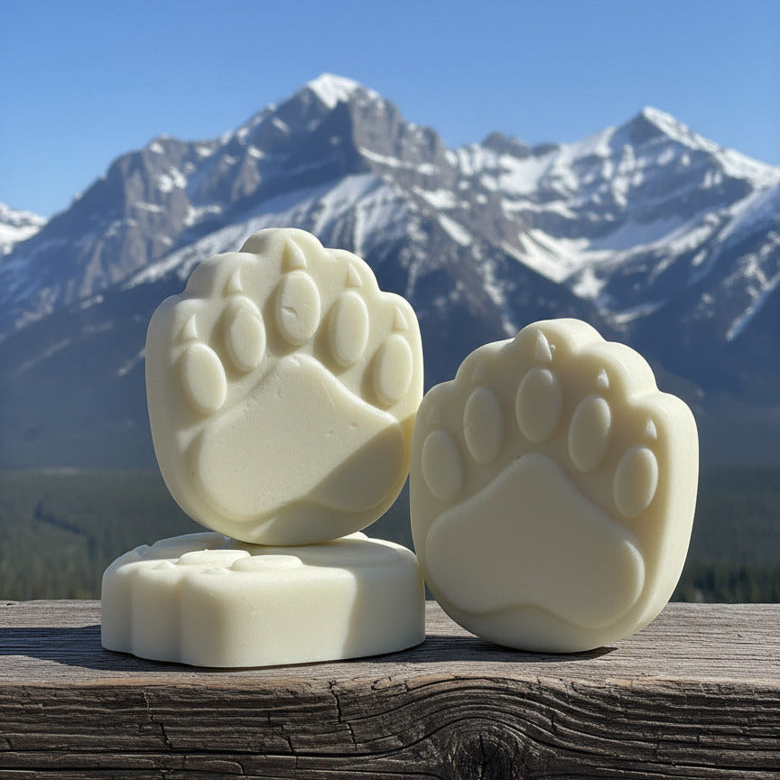 Three bear paw-shaped soap bars on a wooden surface with mountains in the background
