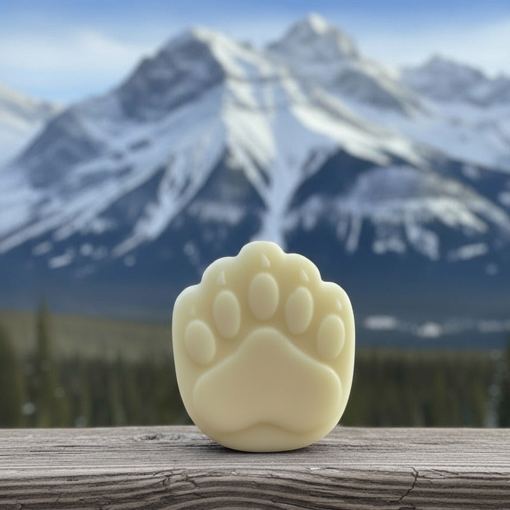 White paw-shaped Conditioner bar on a mountain 
background