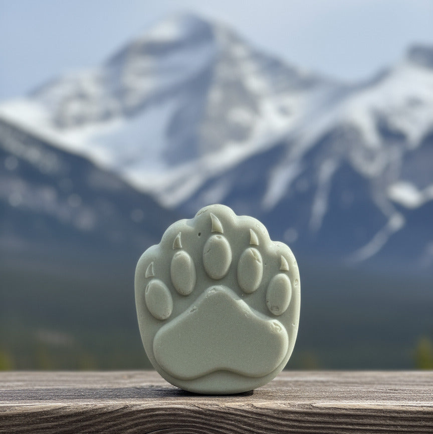 sage green paw print shampoo bar on a snowy mountain background