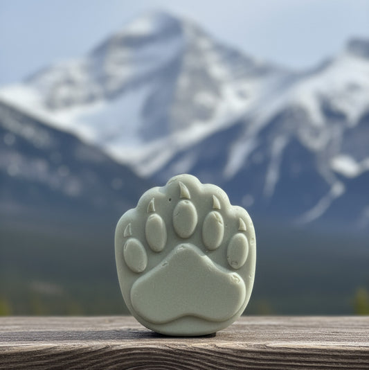 sage green paw print shampoo bar on a snowy mountain background