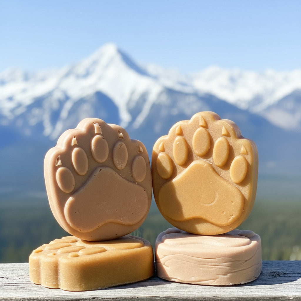 Two brown shampoo and conditioner bars with bear paw print designs on a mountain background 