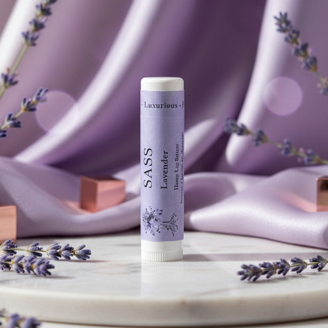 Lavender lip balm tube on a purple satin background