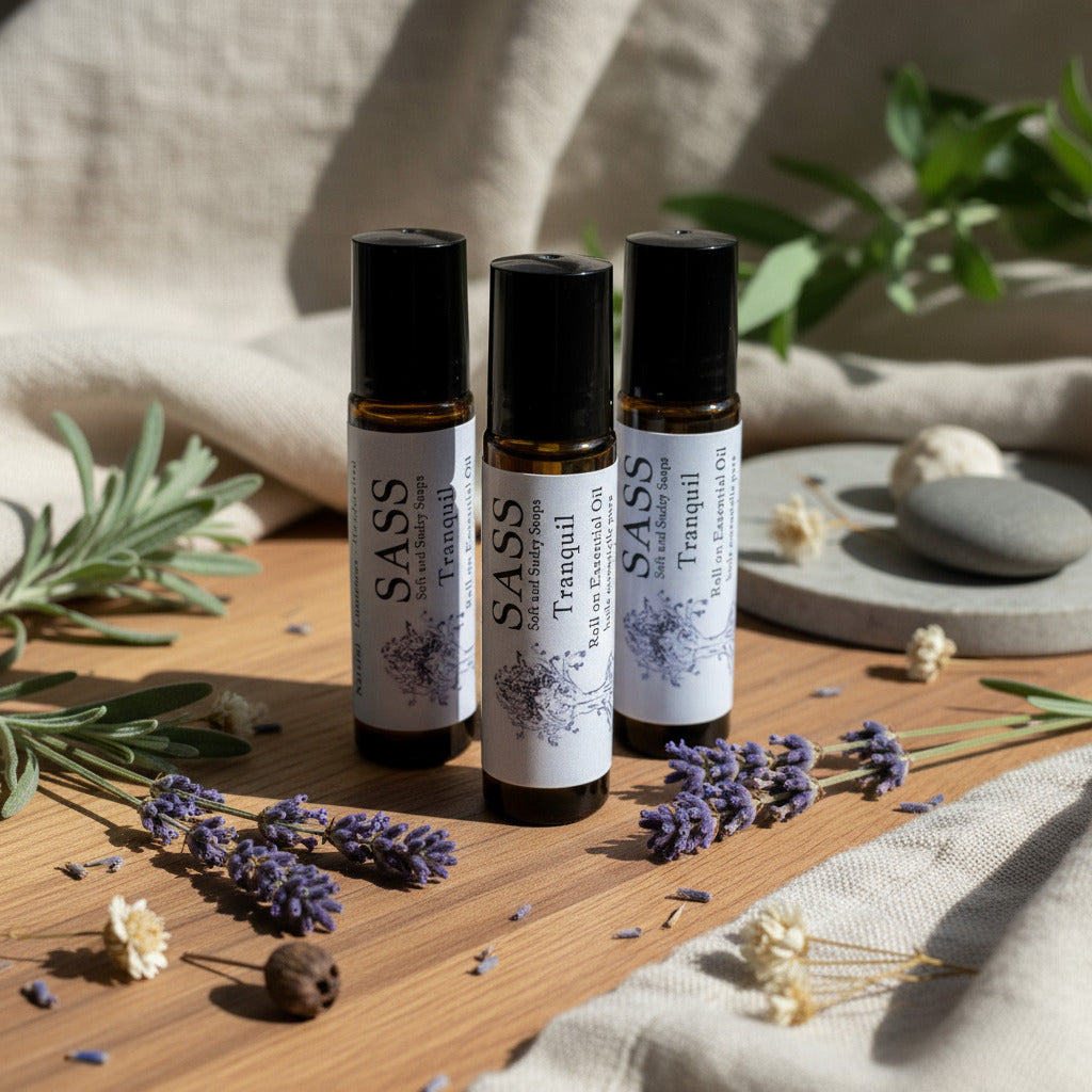3 lavender roller balls sitting on wood with lavender bits in front
