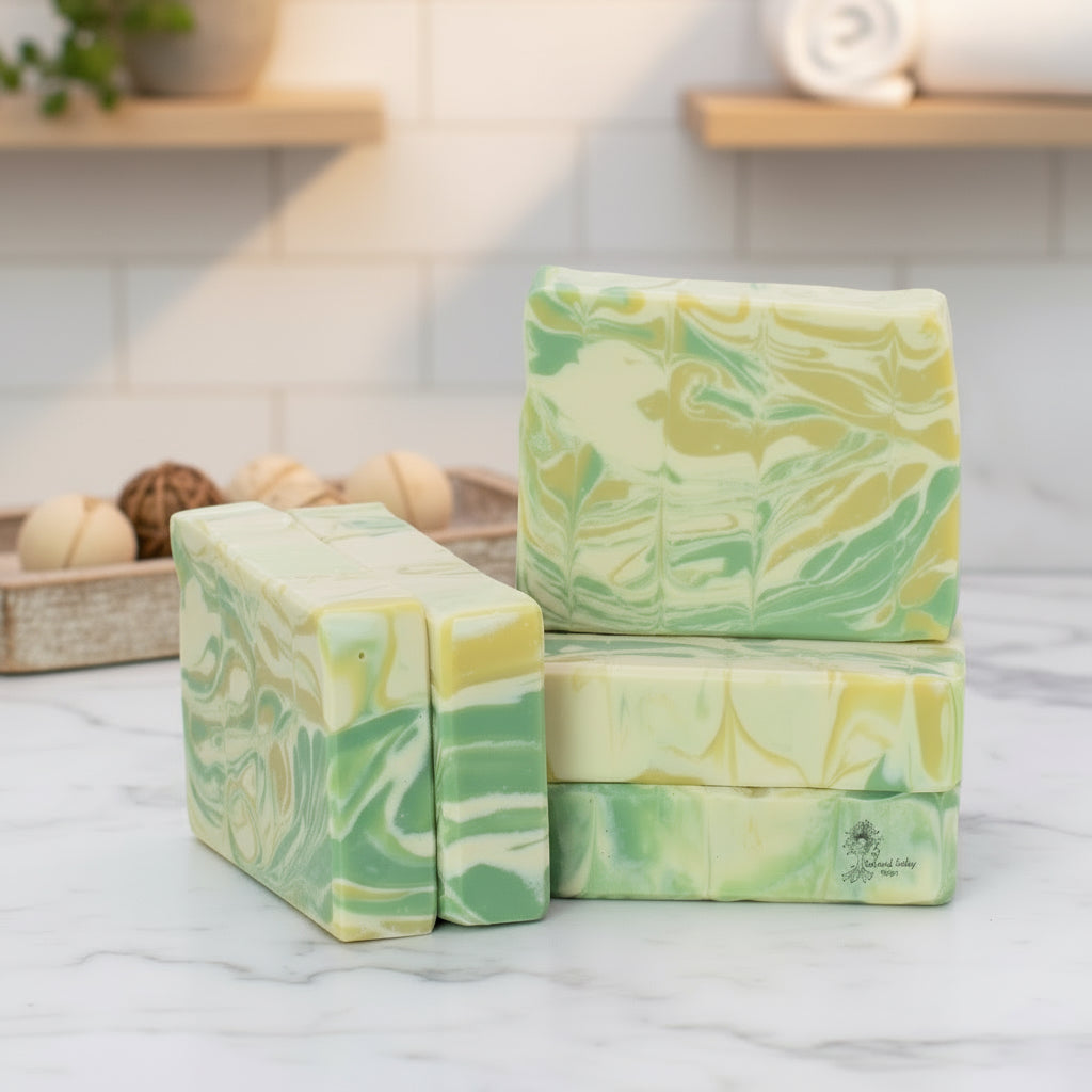 Three lemongrass marbled soap bars in green and yellow on a light gray background