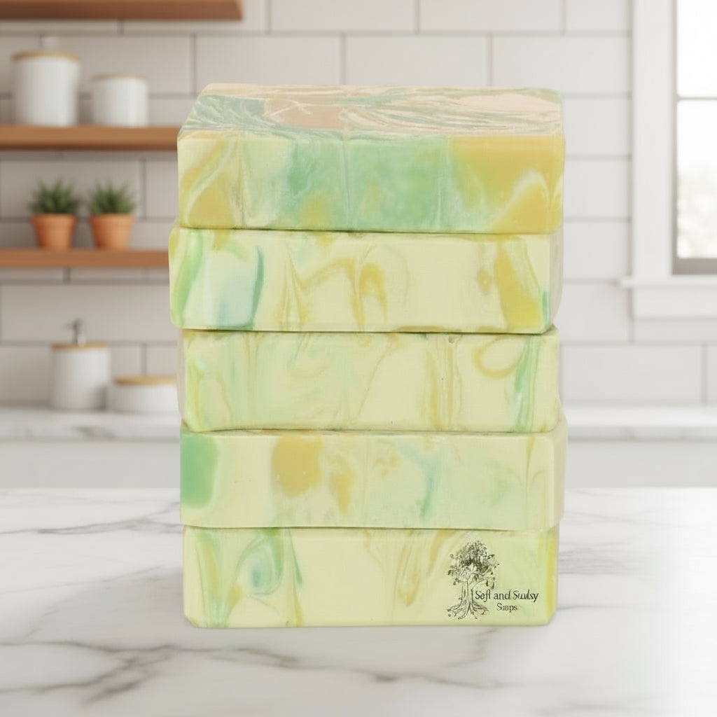 Stack of green and yellow lemongrass scented marbled soap bars on a marble surface with a kitchen background.