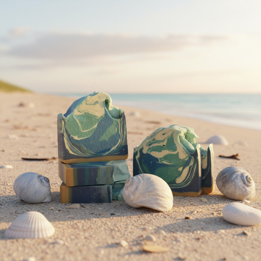 soaps shaped as waves with sea shells on beach side
