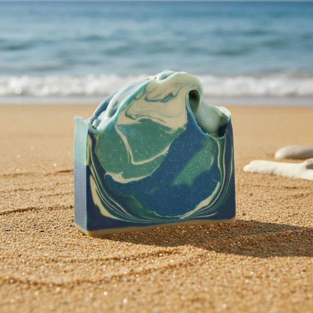 Marble-patterned bar of soap on a sandy beach with ocean waves in the background